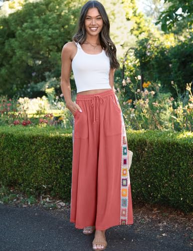 Image of TARSE Womens Wide Leg Linen Pants Summer Casual Drawstring Loose Lounge Palazzo Crochet Panel Pant with Pocket