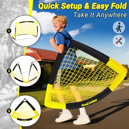 Happy Jump Pop-Up Fußballtore – 213x152 cm, 2 Tore, Schwarz Gelb mit Ball, Pumpe, Hütchen & Zielscheibe | Komplettes Training-Set für Garten & Familie