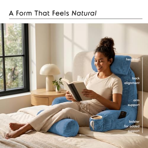 Image of Nestl Reading Pillow with Shredded Memory Foam Includes 2 Neck and Lumber Support Pillows, Designed for Sitting Up in Bed and Couch, Back and Arms Adjustable Support for Adult & Teens, Blue Heaven