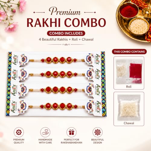 Image of Rakhi Set for Brother Pack of 4 with Roli Chawal | Premium Designer Traditional Rakhi Combo | Handmade Raksha Bandhan Thread | Festive Rakhi Gift for Bhai sk5