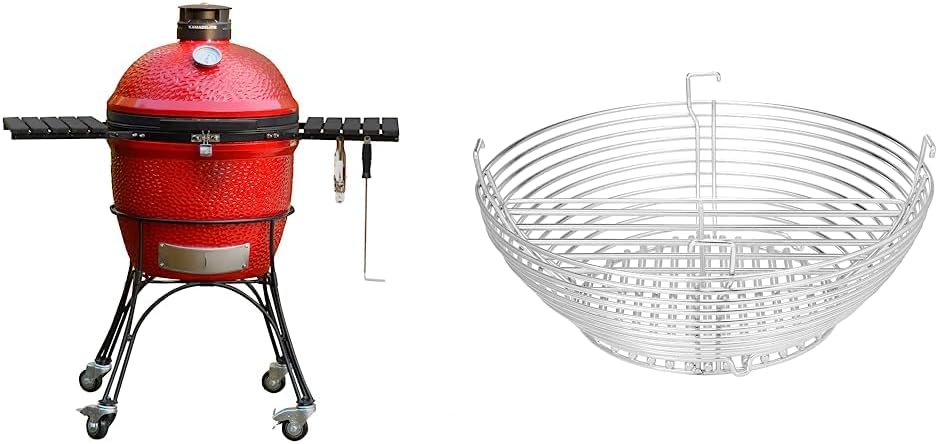Kamado Joe KJ23RHC Classic Joe II 18-inch Charcoal Grill with Cart and Side Shelves, Blaze Red + Kamado Joe KJ-MCC23 Charcoal Basket Grill Accessory for Classic Joe, Stainless Steel