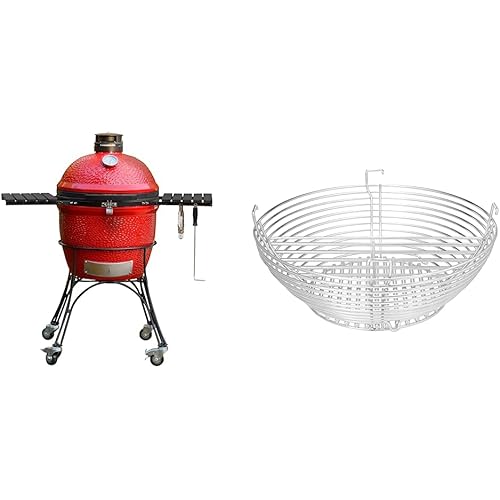 Kamado Joe KJ23RHC Classic Joe II 18-inch Charcoal Grill with Cart and Side Shelves, Blaze Red + Kamado Joe KJ-MCC23 Charcoal Basket Grill Accessory for Classic Joe, Stainless Steel