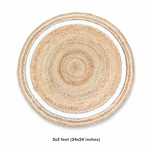 Image of ECO SENSE Jute Braided Round Rugs Bohemian Style, Hand Woven & Reversible for Living Room Kitchen Entryway Rug, Farmhouse, Bedroom (Boho White, 2 x 2)