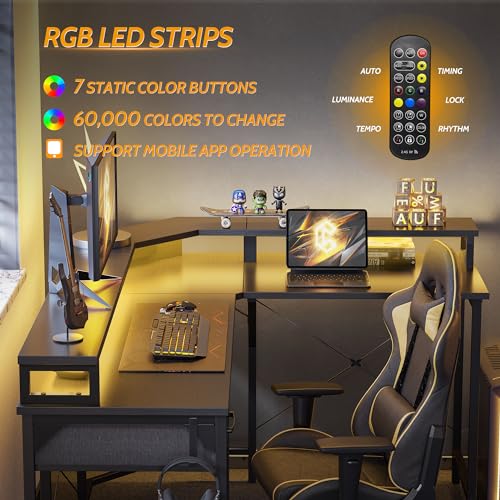 Image of CubiCubi 59 Inch L Shaped Desk with USB Charging Ports and LED Lights, Corner Computer Desk with Drawer and Storage Shelf, Home Office Desks with Monitor Stand and Power Outlets, Black