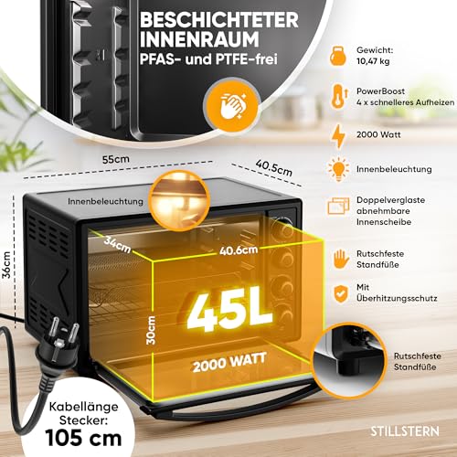Stillstern Minibackofen mit Umluft 45L (DE Version) Pizza Ø32, CYCLONE PRO+ Antihaftbeschichtung, Auftauen, 2h Timer, Camping Mini Backofen Umluft Pizzaofen Mini Ofen klein Hähnchengrill mit Drehspieß – Bild 4