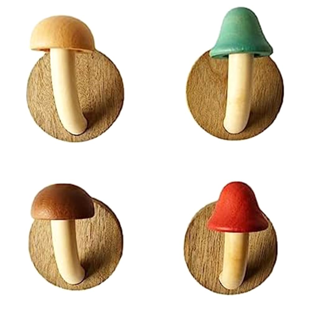 Monaghan4PCS Fun Wooden Mushroom Coat Hook Non-Perforated Solid Wood Hook Kitchen Bathroom Cloakroom Door Hook Wooden