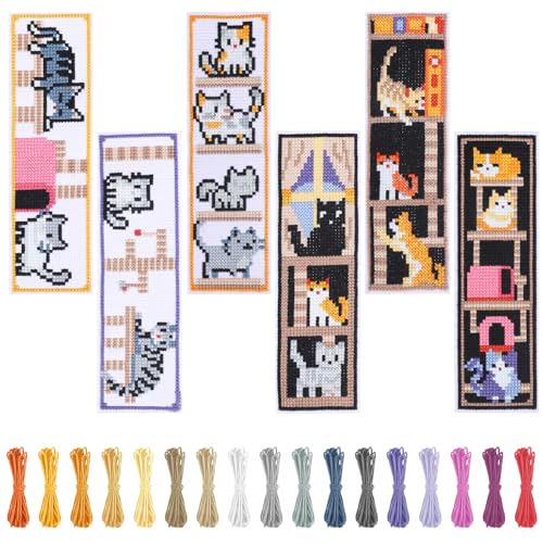 FREEBLOSS 6 Set Cross Stitch Bookmark Kits Bookmark Embroidery Kit Counted Crossstitch Projects Cat and Book Pattern Cross Stitch Bookmarks Cross Stitch Kit for Beginners Adults, Small, Brown