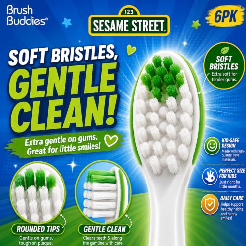 Image of Brush Buddies Sesame Street Toothbrushes for Kids, Soft Bristle Toddler Toothbrushes Ages 2-4, Fun Sesame Street Designs, 6-Count Set