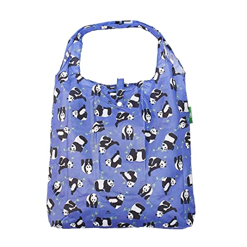 Eco Chic Bolsa de compras plegable ligera y reutilizable,Bolsa de compras resistente al agua,Se pliega en una bolsa adjunta para almacenamiento, Azul pandas, Small