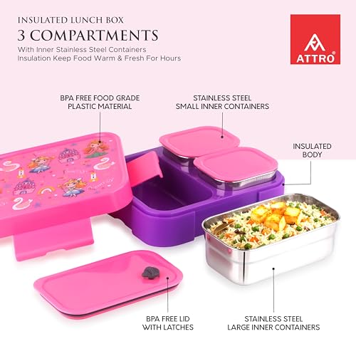 Image of ATTRO Admire Deluxe 3 Compartment Stainless Steel Lunch Box, BPA-Free Inner Steel, Lightweight & Durable, Easy Carry Tiffin for Kids,School & Travel-Princess Print Pink-800ml