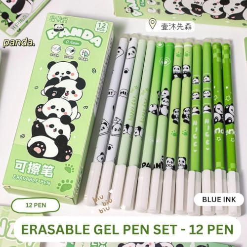 Image of UCRAVO Erasable Gel Pens Pack of 12 | Cute Panda Fine Tip Blue Ink Pens with Eraser | Smooth Writing Retractable Gel Pens for Students, School, Office, Journaling, Notes, Planner & Kids Stationery