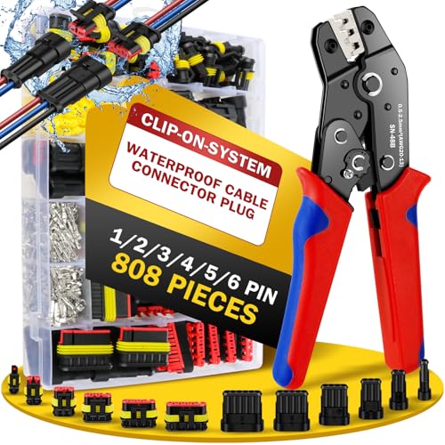moveland Waterproof Automotive Electrical Connectors 808PCS - Quick Superseal Connectors 1/2/3/4/5/5/6 Pin -Tight Car Plug Connector with Crimping Plier for Car Motorbike(for Wire Diameter: 1.5mm)