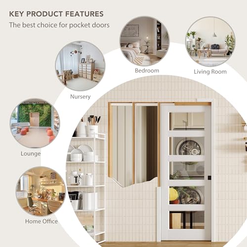 Image of Sliding Pocket Door with Lock, 60 inch x 80 inch, 5-Lite Clear Tempered Glass Pocket Doors with Frame and Hardware Kit Set, Interior Door Slab, White Primed - No Panel Assembly Required