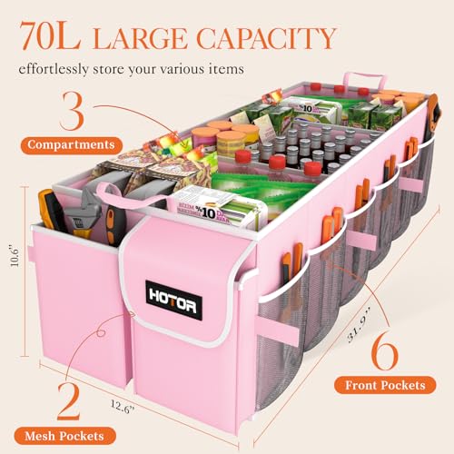 Image of HOTOR Trunk Organizer for suv - Car Organizer, Foldable Trunk organizer for SUVs & Sedans, Sturdy Car Organization for Car Accessories, Tools, Sundries, Pink, 3 Compartments, 31.9 inchx12.6 inchx10.6 inch