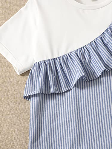 Image of OYOANGLE Girl's Colorblock Striped Print Ruffle Trim Short Sleeve T Shirts Round Neck Casual Shirt Tops Blue and White 8Y