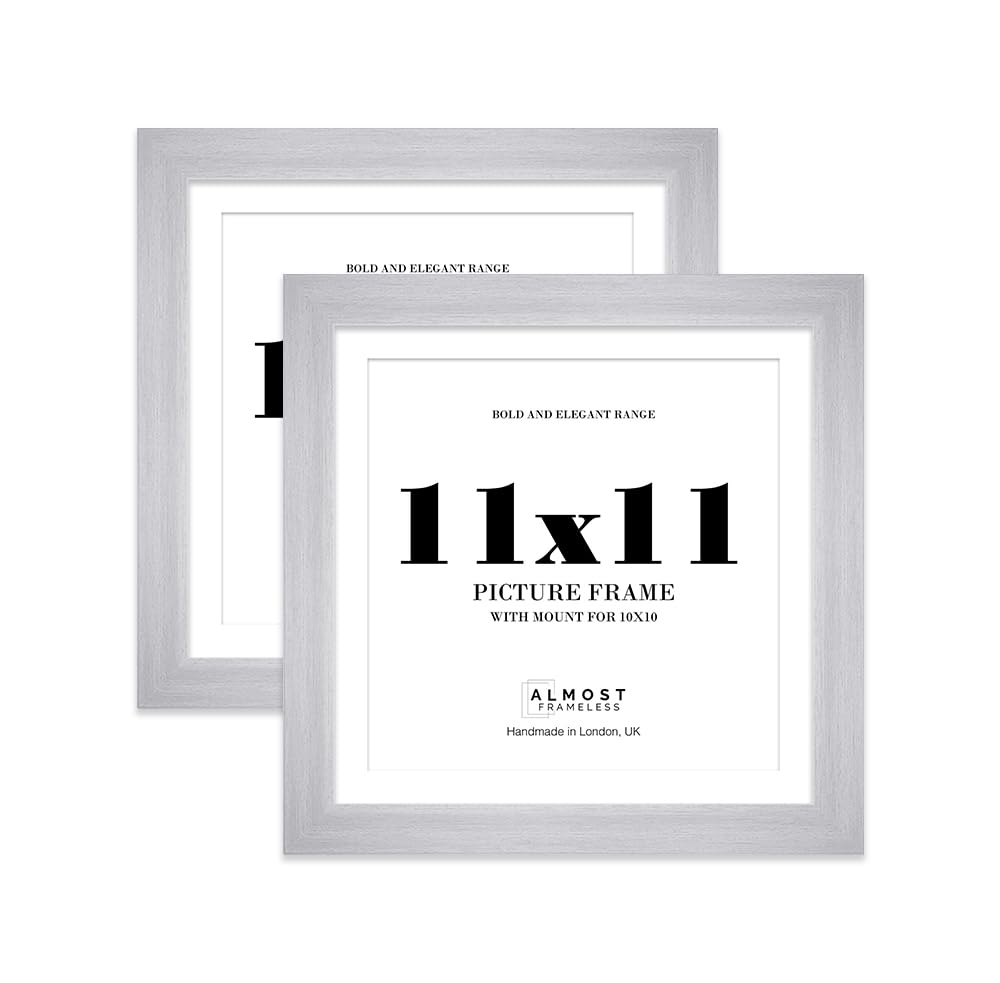11x11 Silver Square Frame With Mount for 10x10 Pictures 28mm Edge Frame Display with Wall Hooks and Kickstand, 2 Pack