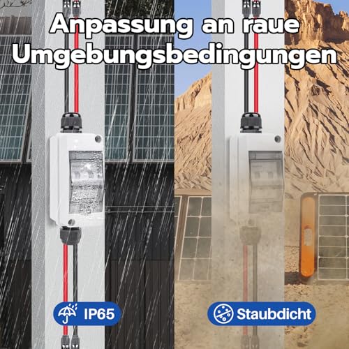 WSPIHO PV Sicherungsautomat 2 Polig für PV Anlage,IP65 Wasserdicht Gehäuse Verteilerkästen,DC Trennschalter Leitungsschutzschalter mit Photovoltaik Kabel (20A DC500V)