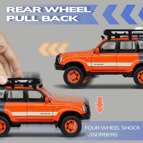 Image of 1:24 Scale Diecast Land Cruiser LC80 Model Car - Metal Pull Back Toy with Opening Doors, Lights & Sounds - Collectible Toy SUV for Boys Age 3-8, Certified Safe Gift for Kids (Orange)