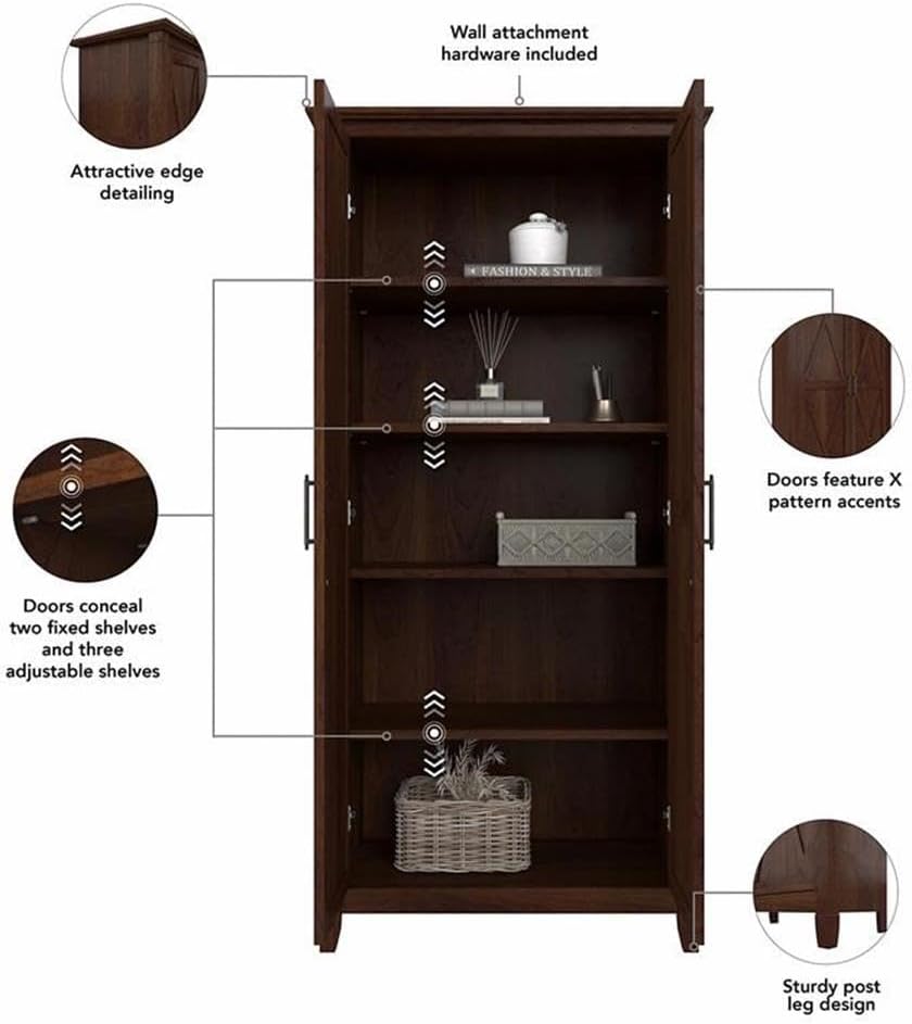 Bush Furniture Key West Tall Kitchen Pantry Cabinet with Doors and Shelves in Bing Cherry, Freestanding Cupboard for Food and Dinnerware Organization