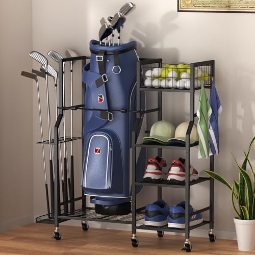 KMWISDYE Golf Bag Stand Storage Rack with Wheels Organizer for Golf Bags and Golf Equipment&Accessories Ideal for Garage Home Golf Clubs