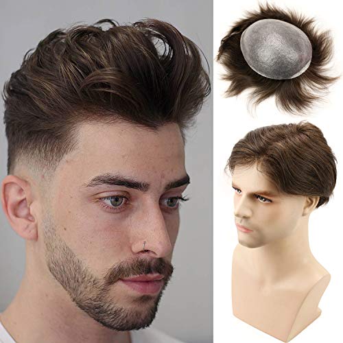 Rossy&Nancy European Virgin human Hairpiece for Men’s Toupee Ultra Transparent Thin Skin PU Replacement Hair Pieces 10”x8” Base Size #4 Brown Color