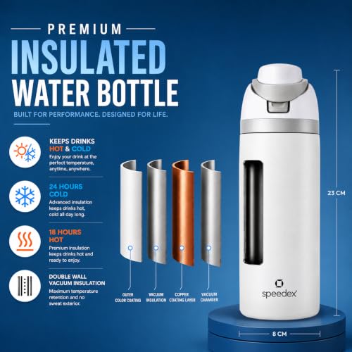 Image of Speedex Coral 500 Stainless Steel Vacuum Insulated Water Bottle 650ml | Thermosteel Flask | Hot 18Hr Cold 24Hr | Flip Straw Lid Sipper | Kids Boys Girls Men Women Office School Gym Travel | White