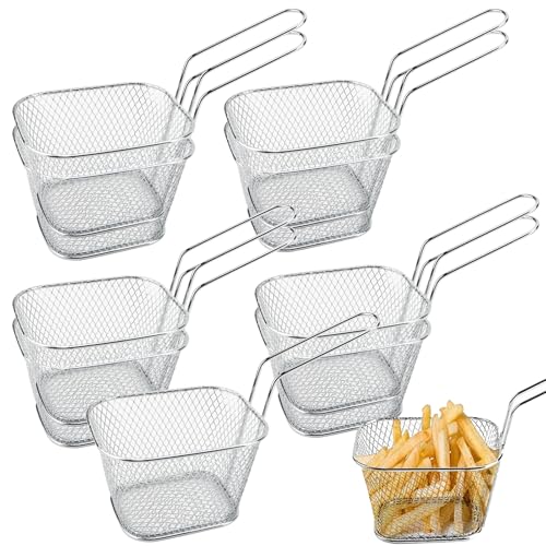 MOUYAT 10 cestas de Acero Inoxidable para Servir, pequeñas cestas para freír Alimentos con asa, Mini Cesta para Patatas Fritas, Aros de Cebolla, Pollo Frito, Pescado, Verduras