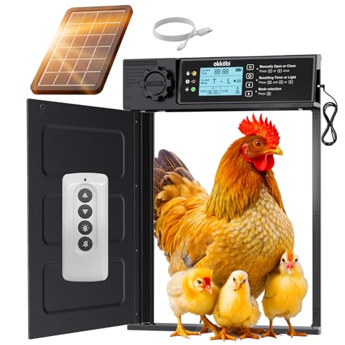 Okkobi Porta Automatica Pollaio Solare - Porta Pollaio con telecomando, Sensore di luce e Timer - Sicurezza e tranquillità: Funzione Antipizzicamento - PRO Version - Display LCD - Protezione di 5 anni