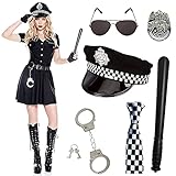 Polizei Kostüm 6-teiliges Zubehör Set für Verkleidung Party mit Erwachsener Polizei Hut, Kunststoff Schlagstock, Handschellen für Damen oder Herren für Cop Swat FBI Halloween Party Dress Up