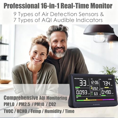 Image of Professional Indoor Air Quality Monitor with 7X AQI Beep Alarms,16 in 1 Portable Real-Time Detector for PM2.5 | PM10 | CO2 | TVOC | HCHO | Temp | Hum for Home Cars Plants Pets (Smoke Black)