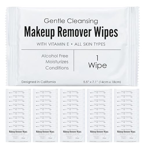 World Amenities - Makeup Remover Wipes - Alcohol Free - Vitamin E Face Wipes for Sensitive Skin Comfort - Individually Wrapped - Travel Friendly Facial Cleansing Wipes - 50 Count