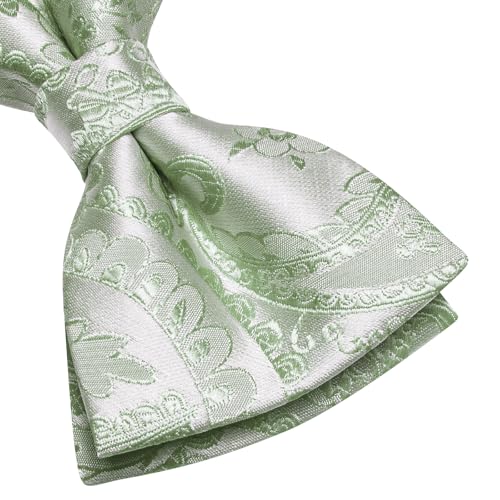 Image of Hi-Tie Bow Tie Men Pre Tied Bowtie Pocket Square Cufflinks Lapel Pin Formal Wedding Bow Ties for Men Party Tuxedo Bowtie Set,Light Green Paisley Floral