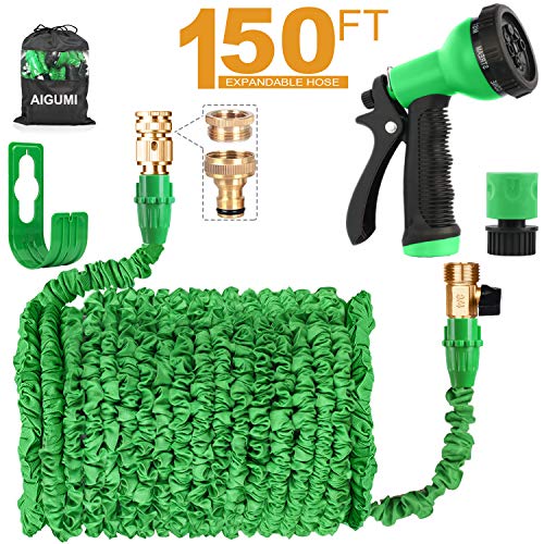 AIGUMI Tuyau d'arrosage Tuyau Flexible 150Ft/45M Tuyau Arrosage Extensible avec Connecteur en Laiton/Pistolet Pulvérisation/Sac Rangement/Tuyau d'arrosage pour Jardin, Maison, Nettoyage de Voiture