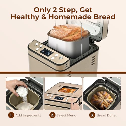 Image of Rosewill 25-in-1 Automatic Bread Maker Machine with 3 Loaf Size up to 2LB, 700W High Power Dual Heater Bread Maker with BPA-free Nonstick Coating Pan, Max 15 Hours Delay Timer, Low Noise - Honey