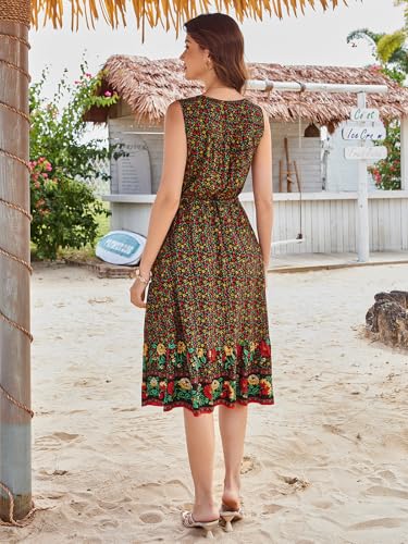 Image of BROVAVE Women Summer Bohemian Floral Print V Neck Sleeveless Sundress Flowy Casual Midi Dress