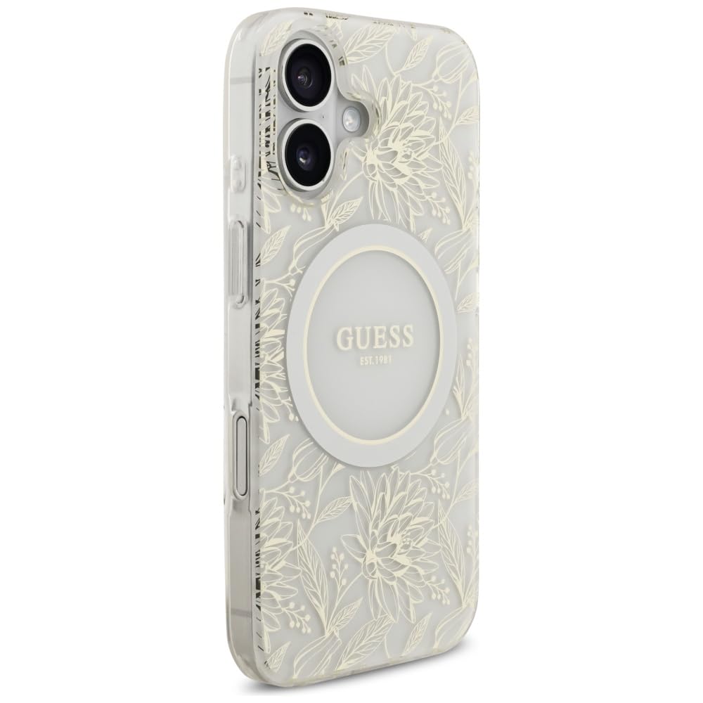 CG Mobile Guess IML Blumen Electro Pearl Armband kompatibel mit MagSafe Hülle für iPhone 17 (Weiß) | MagSafe kompatibel, für iPhone 17