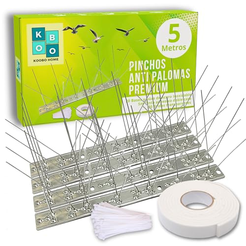Koobo Home - Pack 5 Metros Pinchos Antipalomas Premium - Ahuyentador de palomas - Acero Inoxidable 20 Piezas - Espanta Palomas balcon - Espantapajaros exterior Pinchos para palomas - Repelente palomas