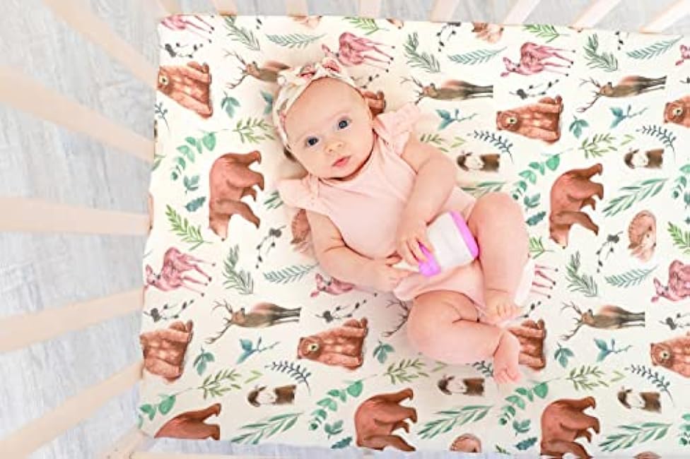 4 Pack N Play Sheets Woodland Forest Animals Wood Neutral Unisex Fitted Baby N Play Sheets Fitted for Standard Pack and Plays and Mini Cribs Set for Baby Boys or Girls