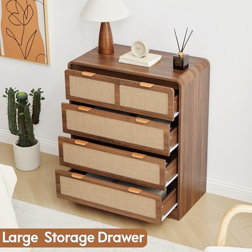 Image of Mid Century Modern Dresser for Bedroom with 4 Drawers, 35 inch Tall Chest of Drawers with Natural Linen, Curved Wood Dresser Closet Clothes Storage Organizer for Living Room, Hallway((Walnut)