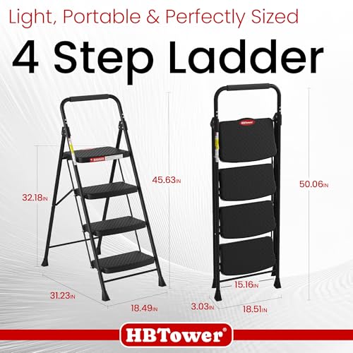 Image of HBTower 4 Step Ladder, Step Stool Foldable with Wide Anti-Slip Pedal | Sturdy Steel Ladders for Home Adults Kitchen