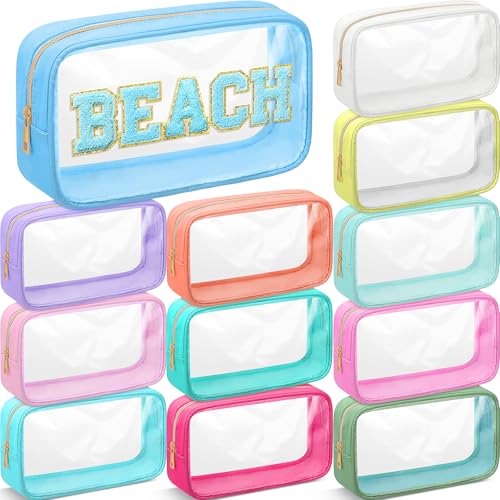 Cunno 12 Pcs Preppy Clear Cosmetic Bags Bulk Appreciation Gifts DIY Chenille Letter Makeup Pouch Transparent Beach Zipper Pouches PVC Travel Toiletry Organizer for Women
