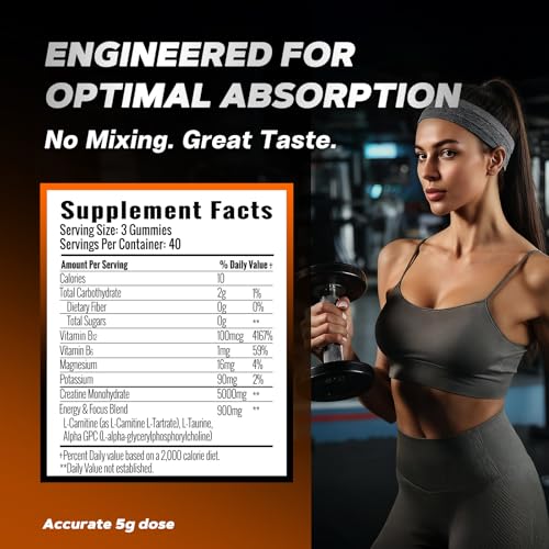 Image of Creatine Monohydrate Gummies Sugar Free, 5000mg Pre Workout for Men & Women with L-Carnitine & Taurine, B12,Magnesium & Potassium, Muscle Strength & Growth, Energy Support,Vegan, Gluten Free,120 Count