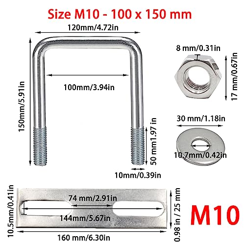 duoyif U-Bolts M10 100mm x 150mm Square Stainless Steel With Nut Frame Plate Washer U Bolts For Pipe Fixing Car Ships Die 1pc (M10 100x150mm) - Image 2