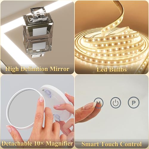 FENNIO Vanity Mirror with Lights 22''x18'' Makeup Mirror with Lights,Lighted Makeup Mirror with 10X Magnification and USB,Smart Touch Screen with 3-Color Lighting,Dimmable(Square White)
