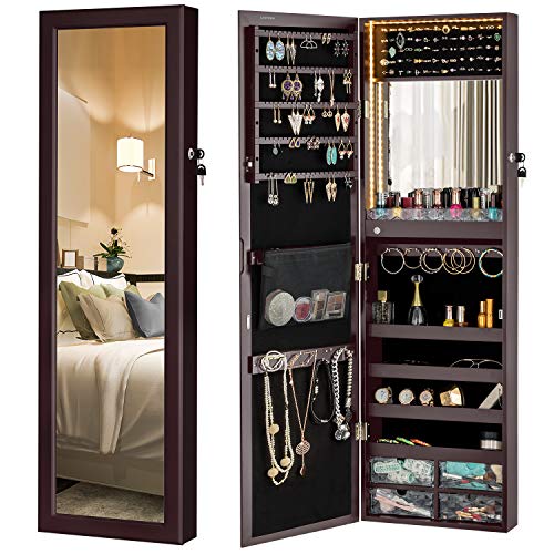 LUXFURNI Mirror Jewelry Cabinet 79 LED Lights Wall-Mount/Door-Hanging Armoire, Lockable Storage Organizer w/Drawers