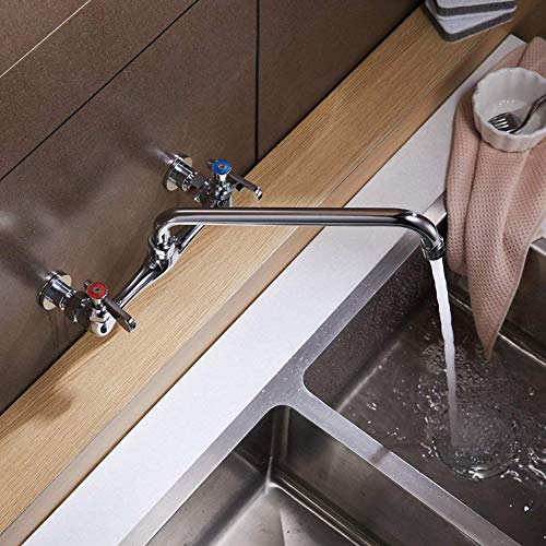 Kitchen Faucet Wall Mount Commercial Sink Faucet Kitchen Utility Laundry 8 Inch Swivel Spout 2 Dual Handle Restaurant Chrome Mixer Tap NSF Lead Free