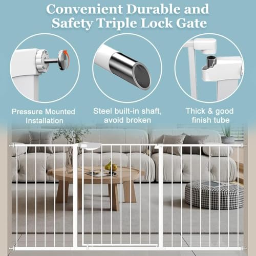 Image of WAOWAO Triple Lock Baby Gate Extra Wide 67.32-72.04 inch Pressure Mounted Walk Through Swing Auto Close Safety White Metal Dog Pet Puppy Cat for Stairs,Doorways,Kitchen