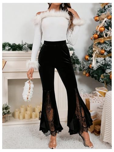 Milumia Women's Velvet Flared Leg Pants High Waisted Contrast Lace Ruffle Hem Pants2
