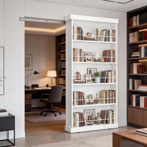 WOODTIME 41 Concealed Sliding Barn Door with 5 Shelves 2 Wheels Hardware Kit & Soft Close Wall Mounted Hidden Sliding Door with Bookshelf for Opening up to 29 x 83 White