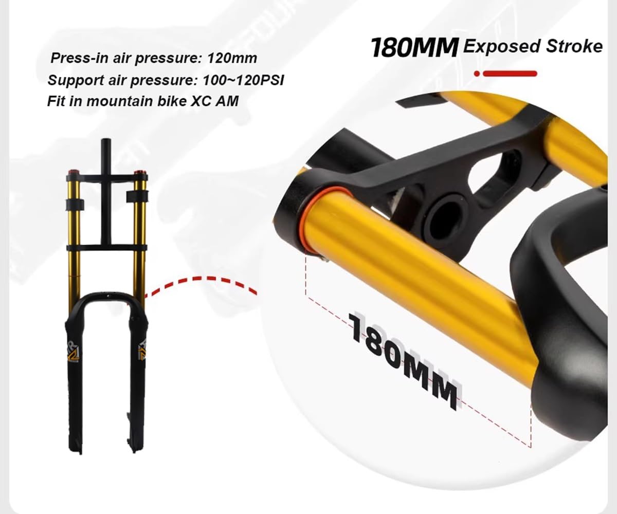 Horquilla de suspensión neumática para Bicicleta de montaña de 20 * 4.0 con neumáticos Anchos, Horquilla Delantera de 120 mm de Recorrido, 9" de Recorrido, 135 mm de Cierre rápido